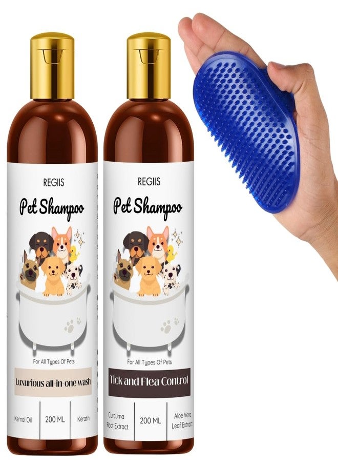 REGIIS Pet Shampoo Set with Massage Brush, 200ml All-in-One Wash and Tick Control Formula, 2 Bottles with Blue Grooming Brush(3 Pack) - Image 1